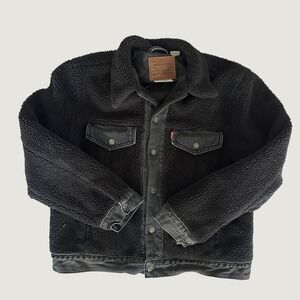 Levis Premium Women L Sherpa Trucker Jacket Black Fleece Denim Hybrid Large